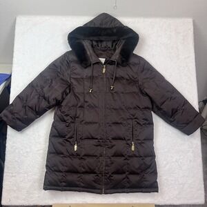 Jones New York Medium Women's Brown Long Hooded Down Puffer‎ Jacket Faux Fur